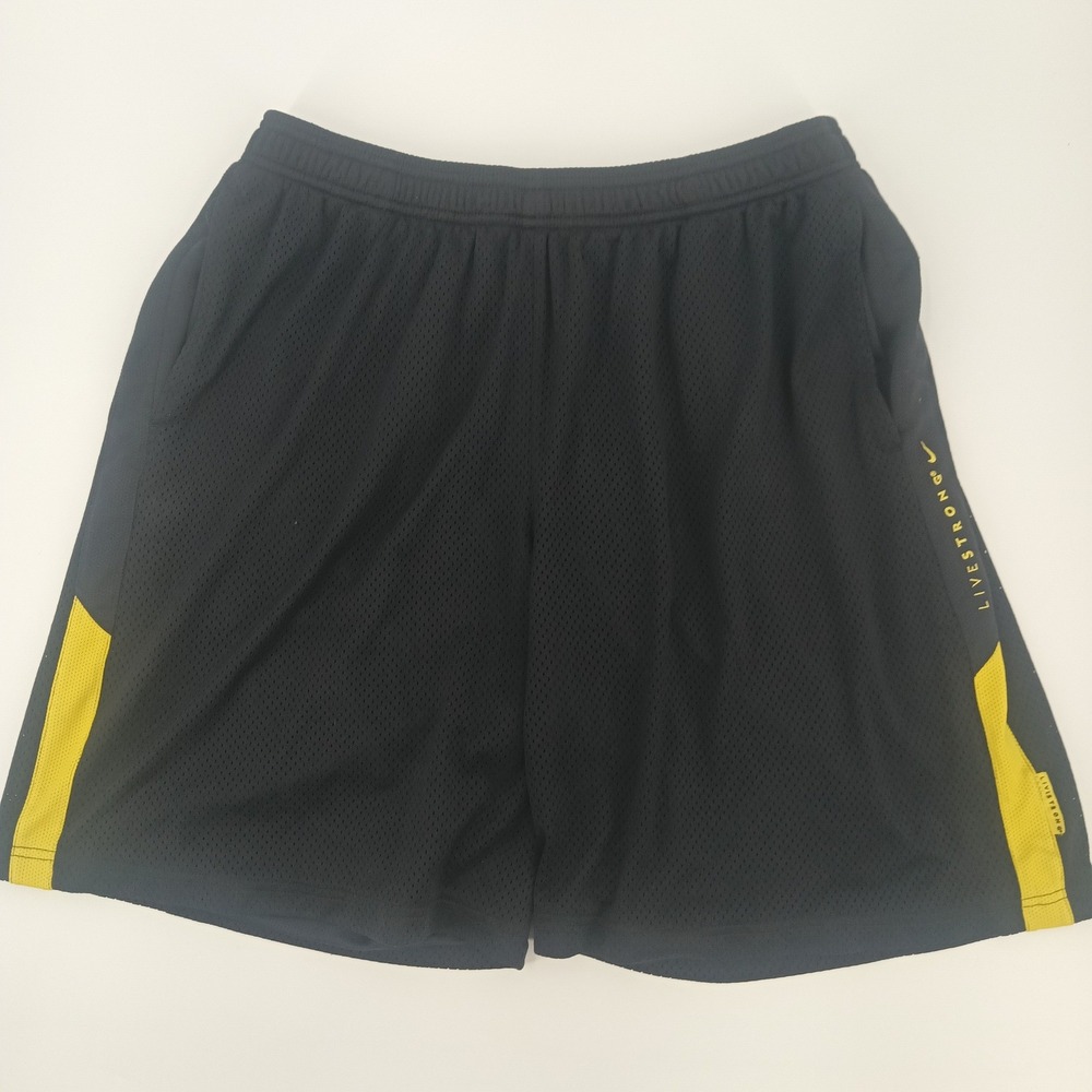 Nike Livestrong Mens Black Mesh Athletic Training Shorts Yellow Stripe Sz XL